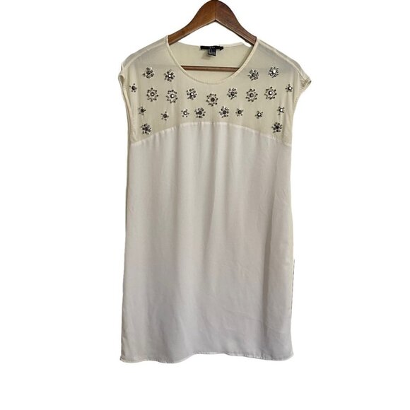 Forever 21 Womens Cream Beaded Embellished Mesh Neck Sleeveless Blouse Small - Picture 1 of 5